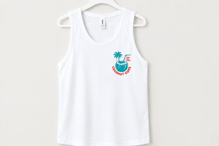White Coconut Cove tank top with a colorful chest logo