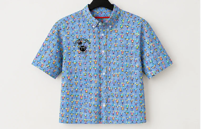 Blue Coconut Cove button-down shirt with a colorful cocktail pattern