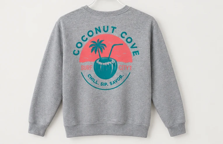 Gray Coconut Cove sweatshirt with a colorful large logo